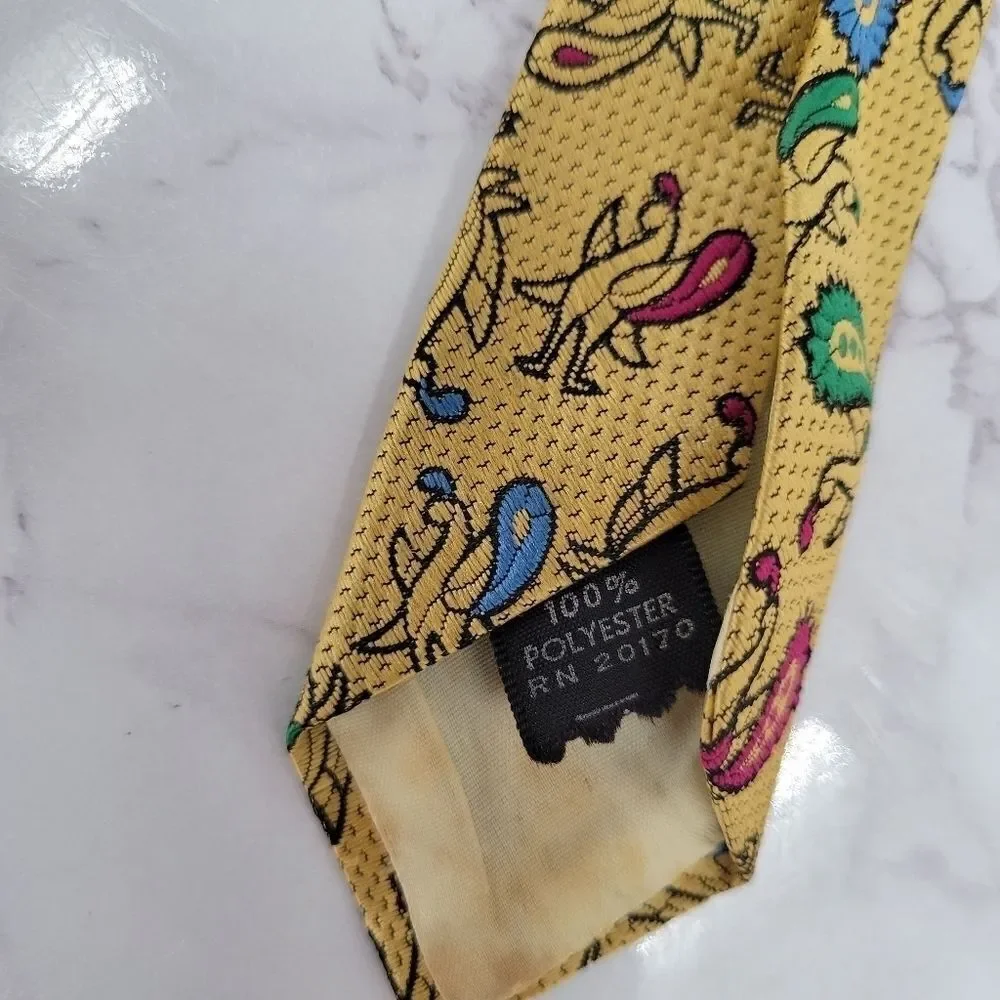 Necktie Partridge Paisley Print Gold Men's Vintage Tie 70s
